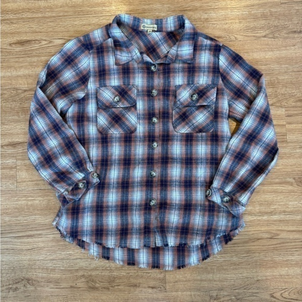 Democracy plaid shirt “shacket ” size small button up front pockets frayed hem